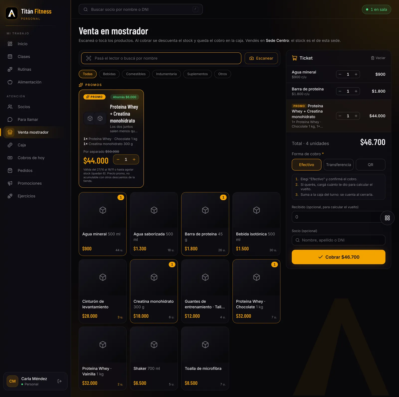 Una venta en el mostrador, con el ticket armado